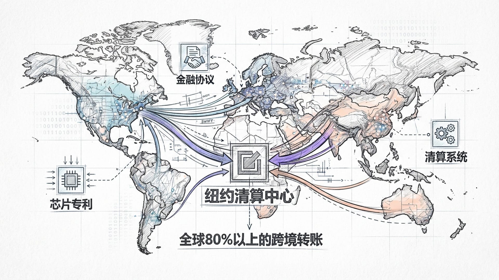 数字世界地图，清算系统SWIFT的流向线条全部汇聚到纽约中心点。背景由二进制代码组成。