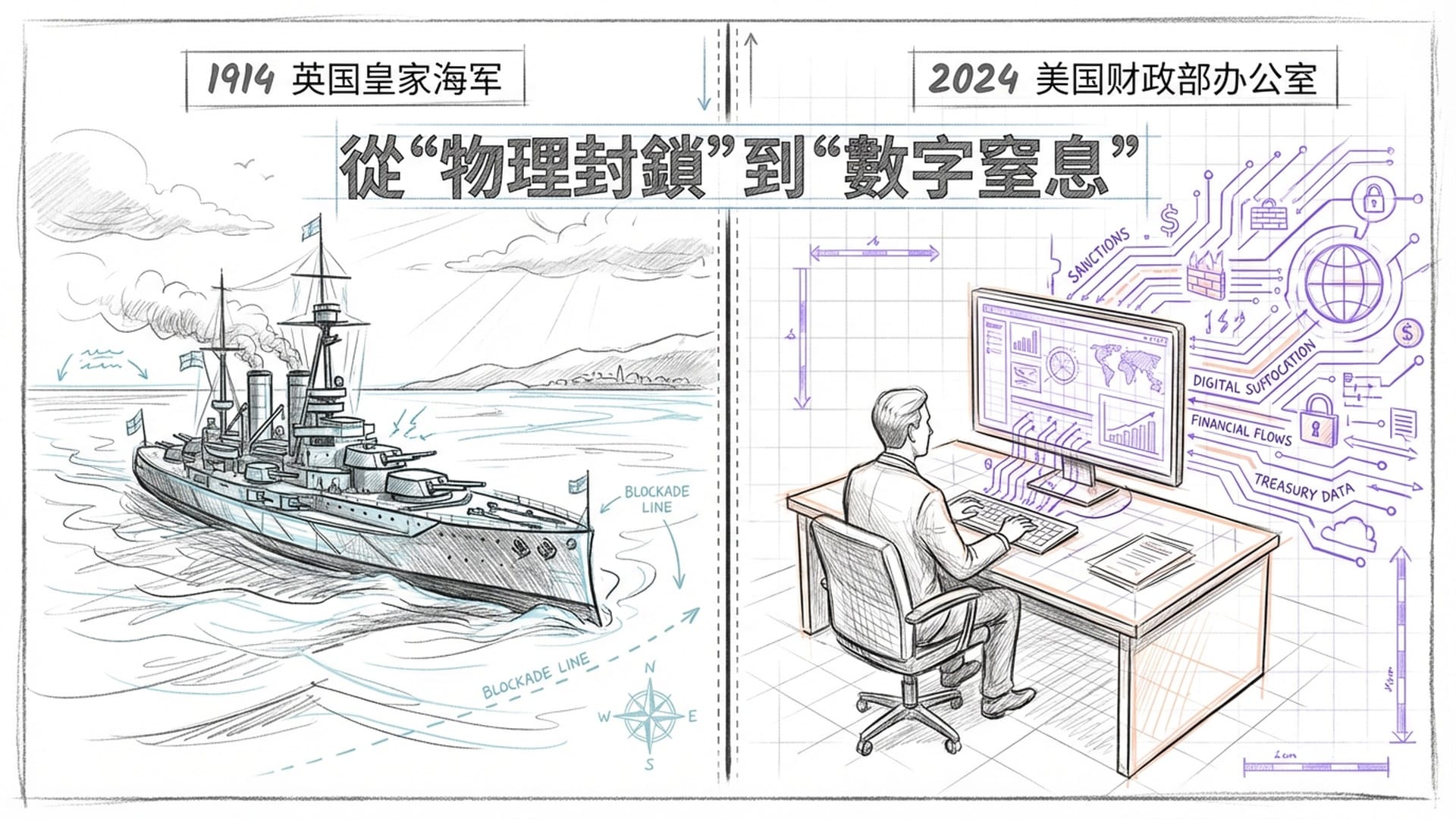 对比图：100年前的铁甲舰封锁港口 vs 现代财政部官员在电脑前按下Enter键。形成鲜明的时代对比。
