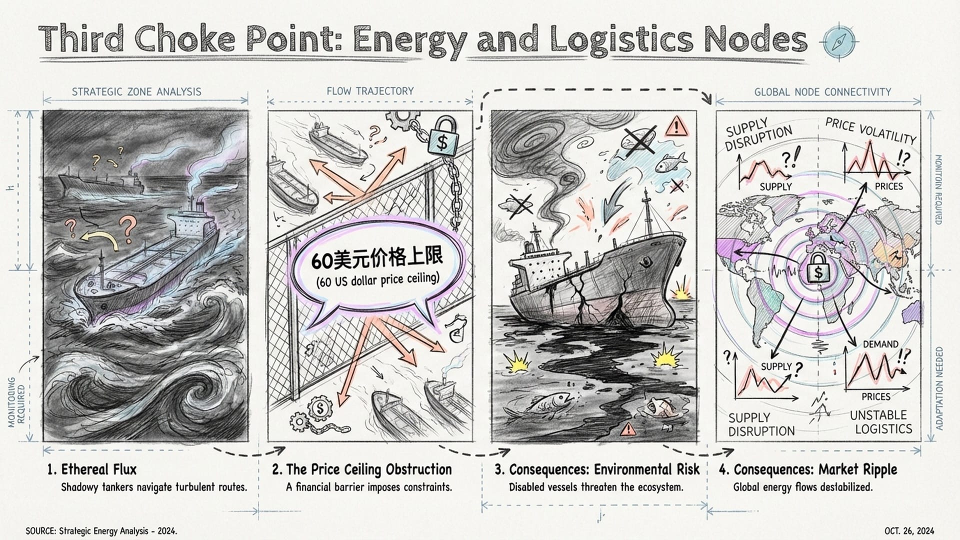海面上幽灵般的“影子船队”在黑暗中航行。一张价格上限表（60美元）作为屏障横在航线上。
