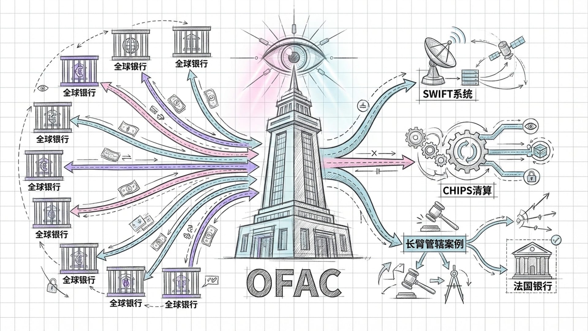 全景监狱（Panopticon）概念图，中央塔楼是美国财政部OFAC，四周牢房是全球银行，所有资金流动无所遁形。