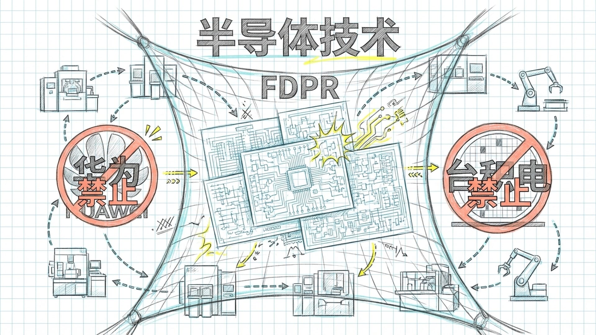 复杂的芯片设计图和设备剪影，层层禁令标签覆盖在台积电、华为等名称上。FDPR规则被表现为一张巨大的网。