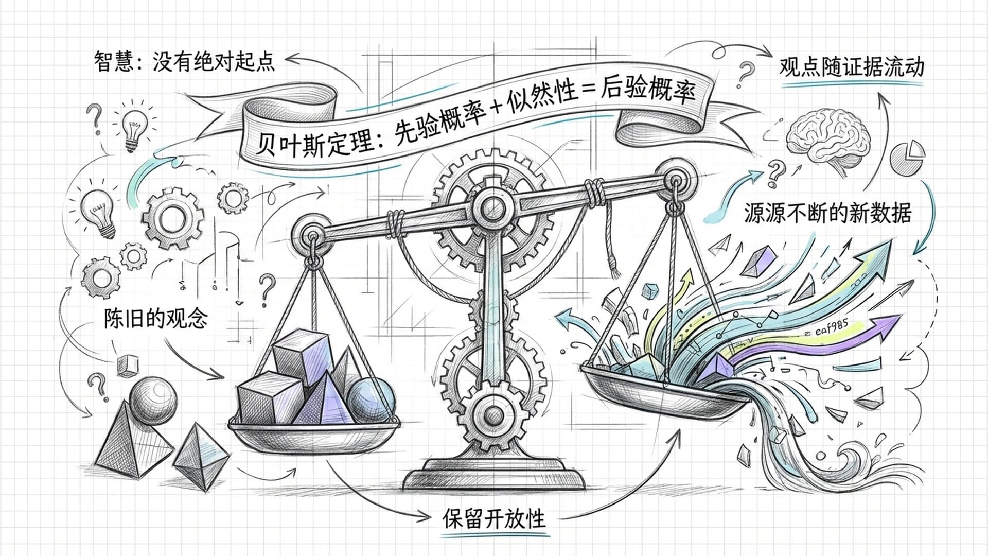 一个由贝叶斯公式构成的天平，左托盘是陈旧的观念，右托盘是源源不断的新数据，天平正在倾斜。