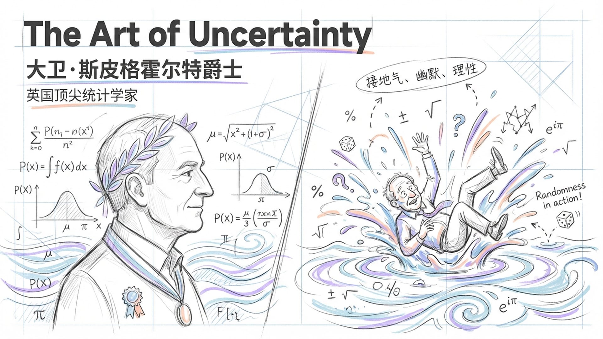 大卫·斯皮格霍尔特爵士的肖像，左侧是严肃的皇家爵勋，右侧是他参加BBC综艺节目落水的搞笑瞬间；背景是数学符号与水波纹。