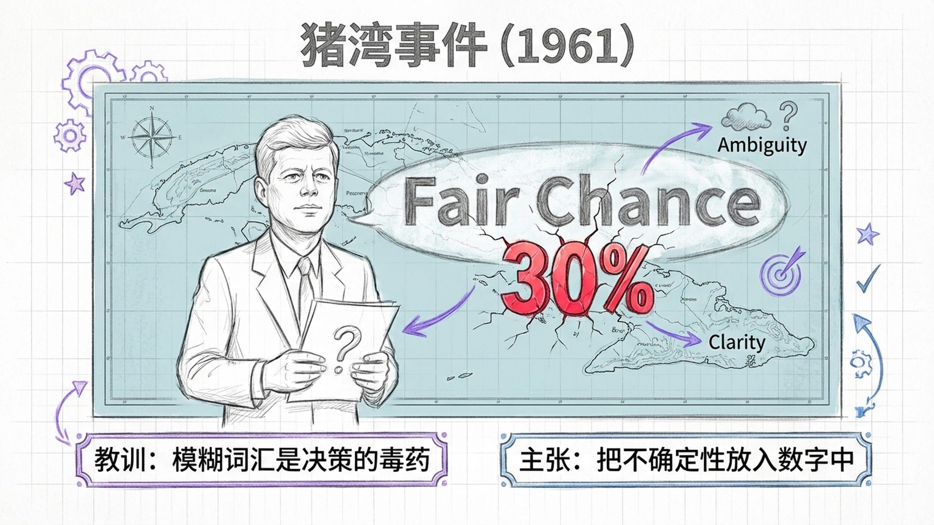 肯尼迪总统在古巴地图前，地图上覆盖着模糊的“Fair Chance”字样，下方裂开显示出鲜红的“30%”。
