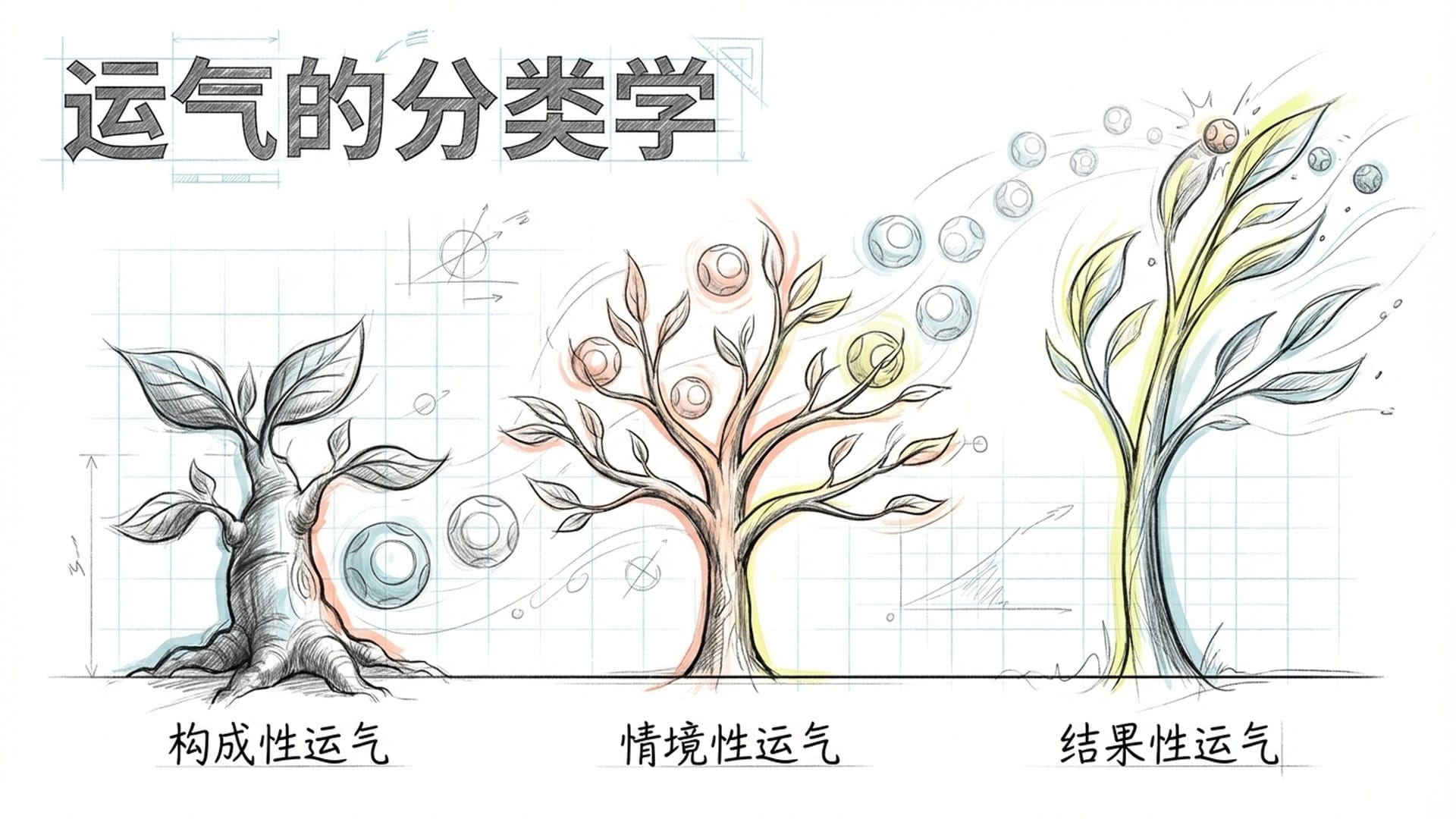 三棵不同高度的树苗，分别代表基因、时空际遇和小概率事件的干扰，背景是起泡彩票。