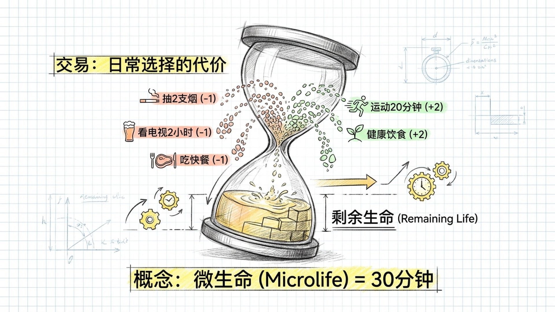 一个沙漏，沙子落下的每一颗都标着香烟、啤酒、牛排或运动路径，下方显示剩余生命。