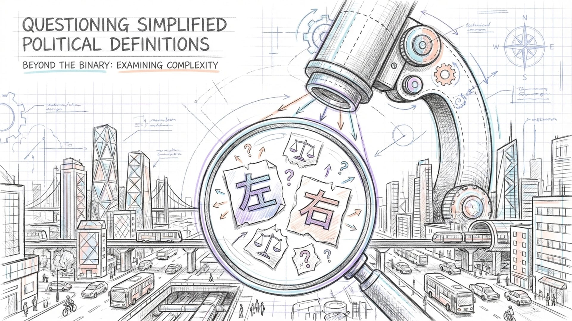 巨大的显微镜观察着一堆政治标签纸片。显微镜下方是复杂的现实世界街道。象征对简单化定义的质疑。