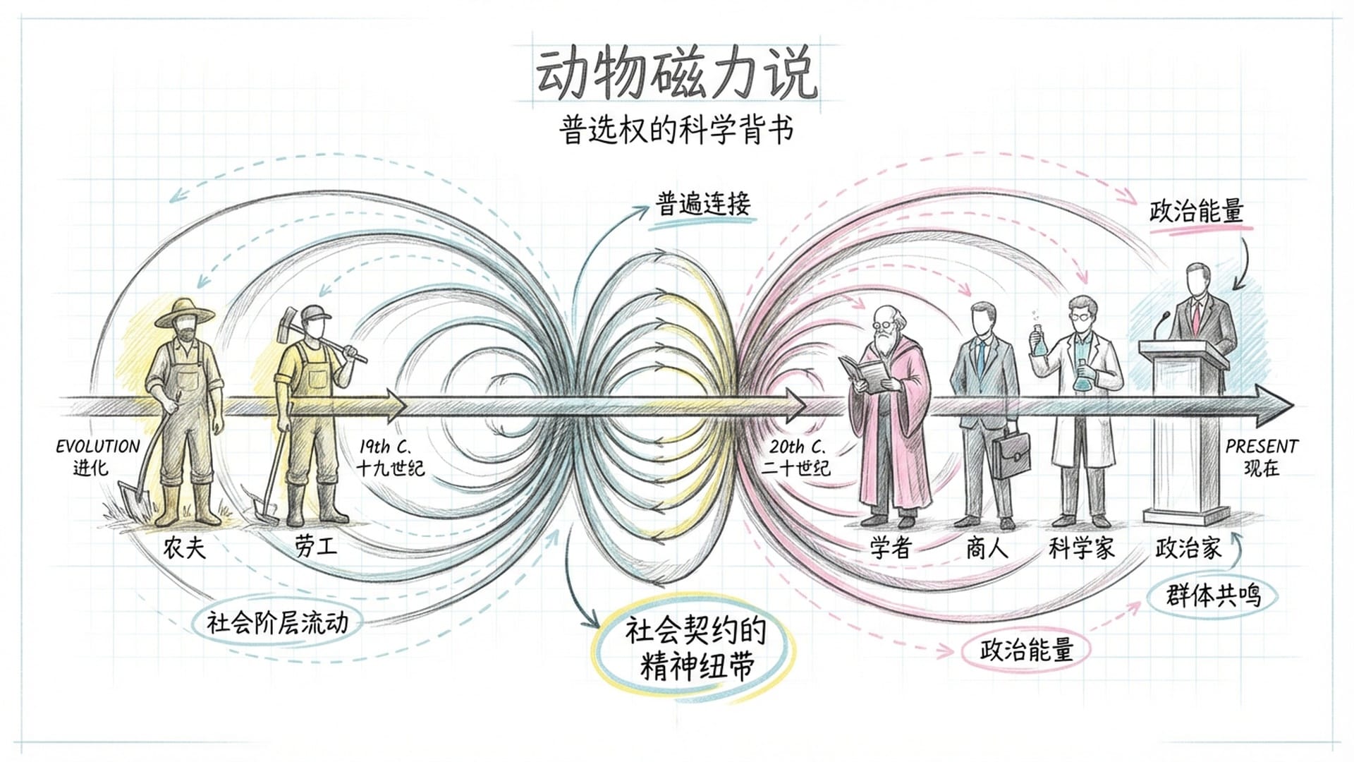 抽象的磁力线条（梅斯梅尔动物磁力）连接着各行各业的人群，从农夫到学者，象征超越阶级的普遍连接。