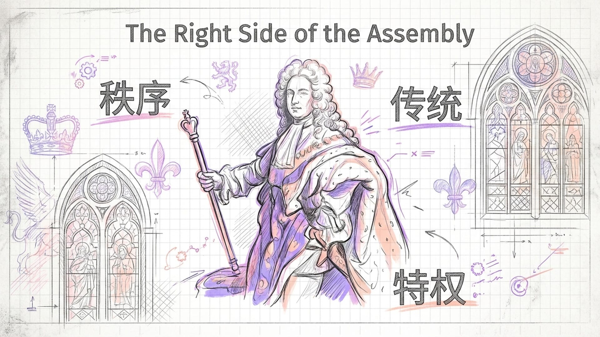 右座席特写。穿着华丽丝绸与假发的贵族，手握权杖，背景是古老的皇室徽章与教会彩色玻璃窗，光线柔和而稳定。