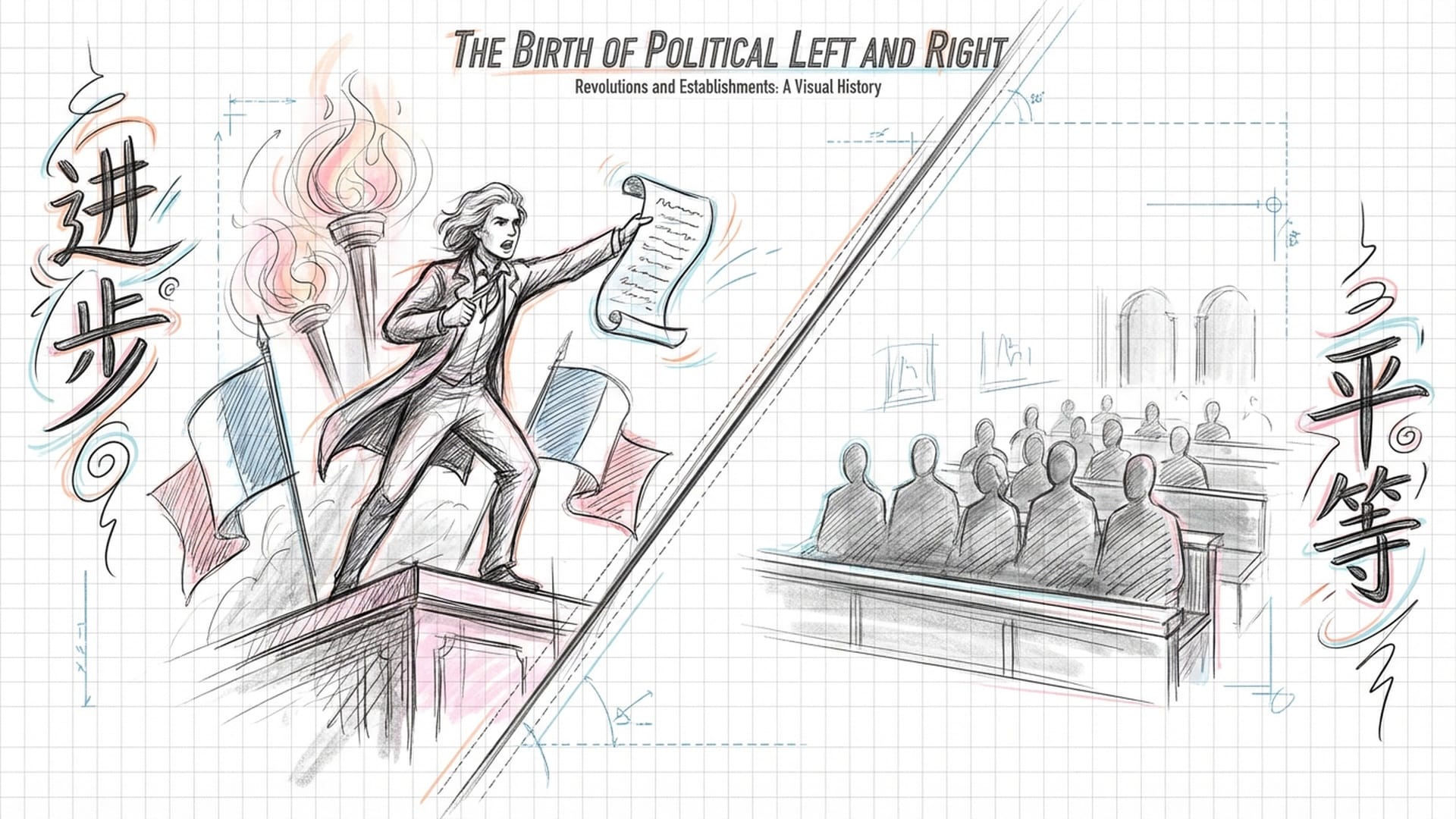 左座席特写。年轻的演讲者挥舞手稿，背景是燃烧的火把与飘扬的三色旗，构图充满动态感和倾斜的线条，表现变革压力。