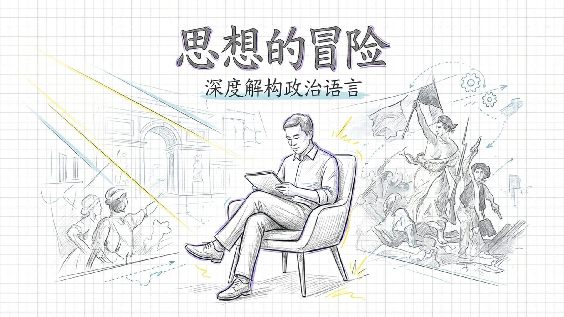 王利杰坐在现代演播室，背景是一幅半解构的法国大革命油画，光线从侧面射入，呈现出探索和冒险的调性。