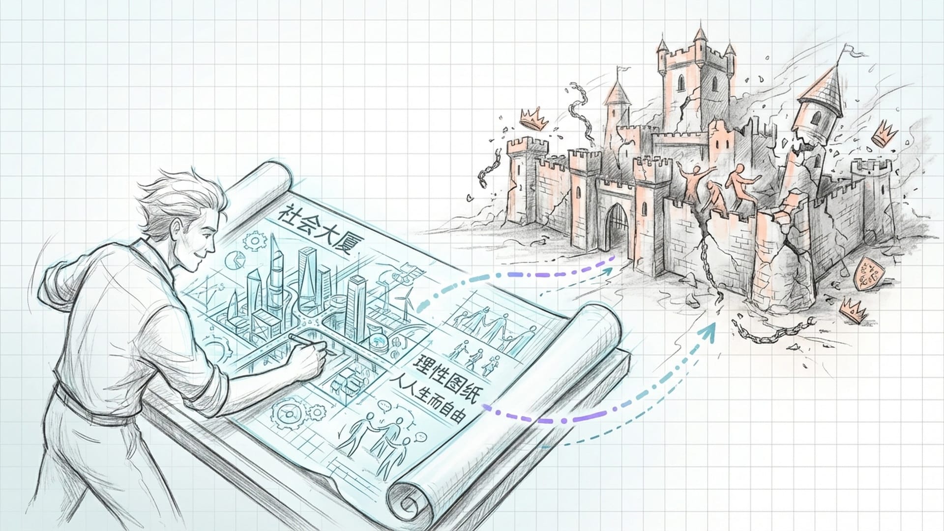 理想主义工程师在宏大的蓝图上绘制理想城市的草图，背后是破旧的古堡正在瓦解。