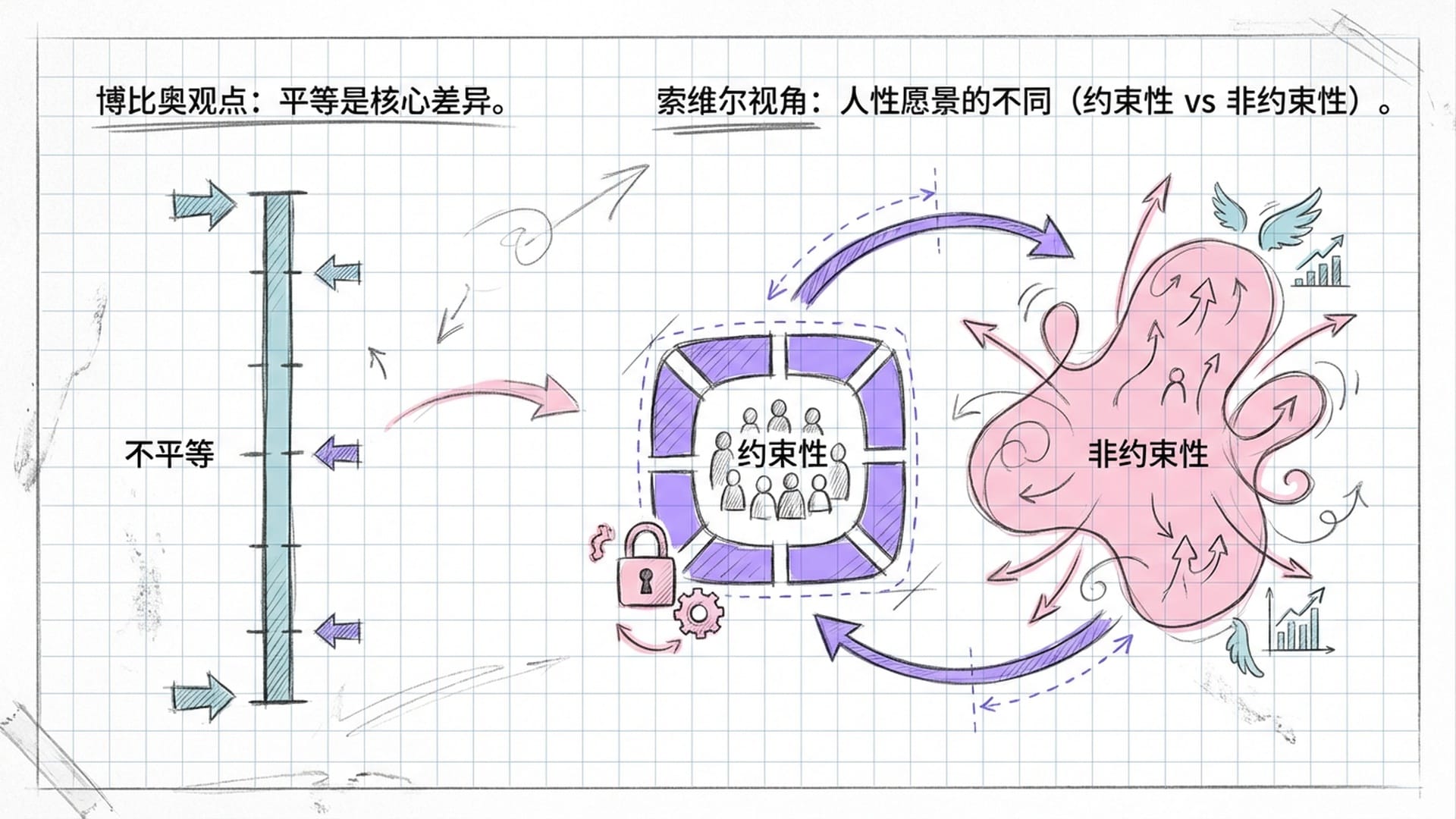 博比奥与索维尔的理论图示。一个显示'不平等'的量表垂直切分，另一个显示'约束'与'非约束'的愿景对比。