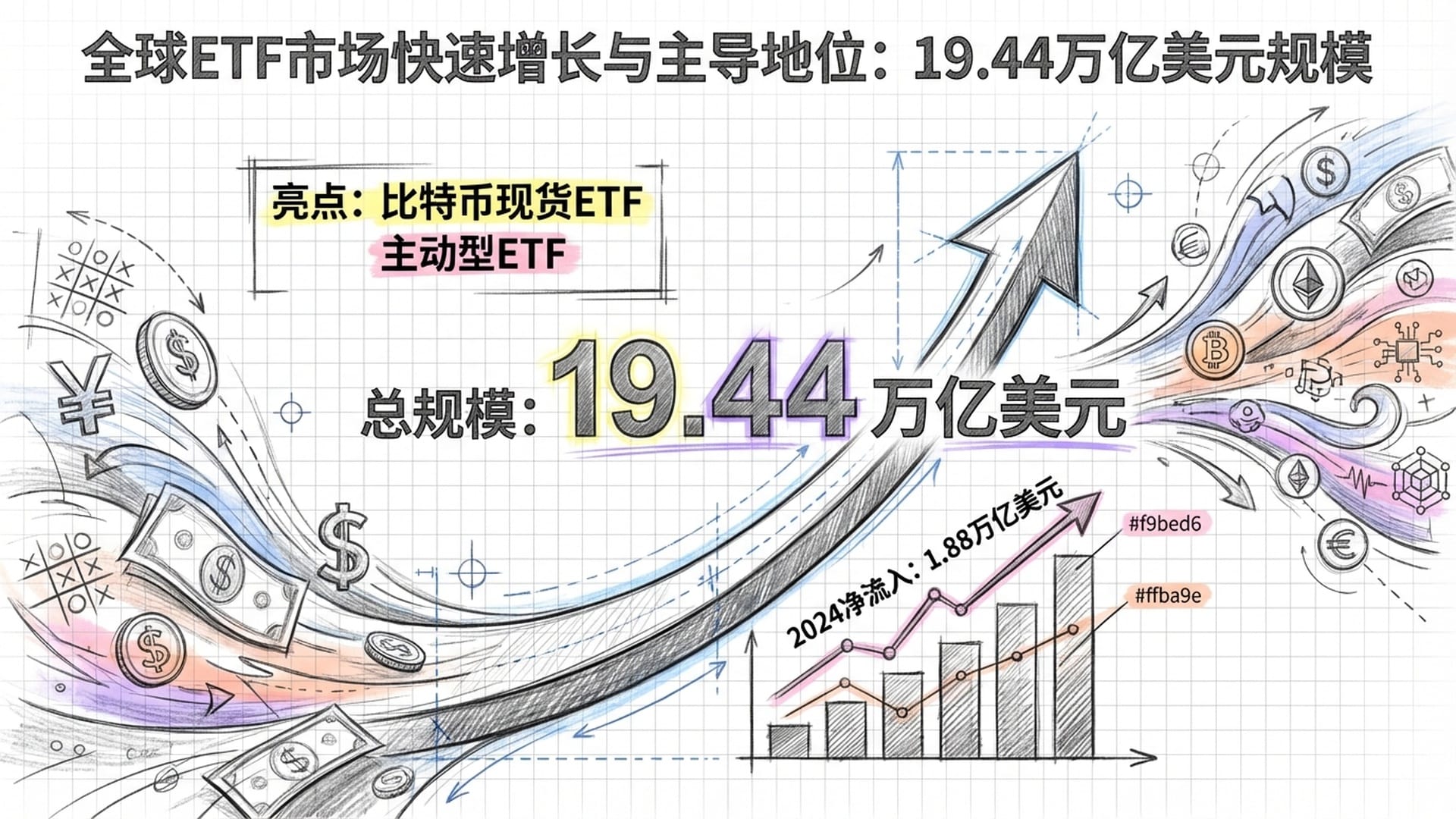 巨大的数字“19.44 Trillion”在3D图表中心闪烁，背景是汹涌而来的金色钱流。