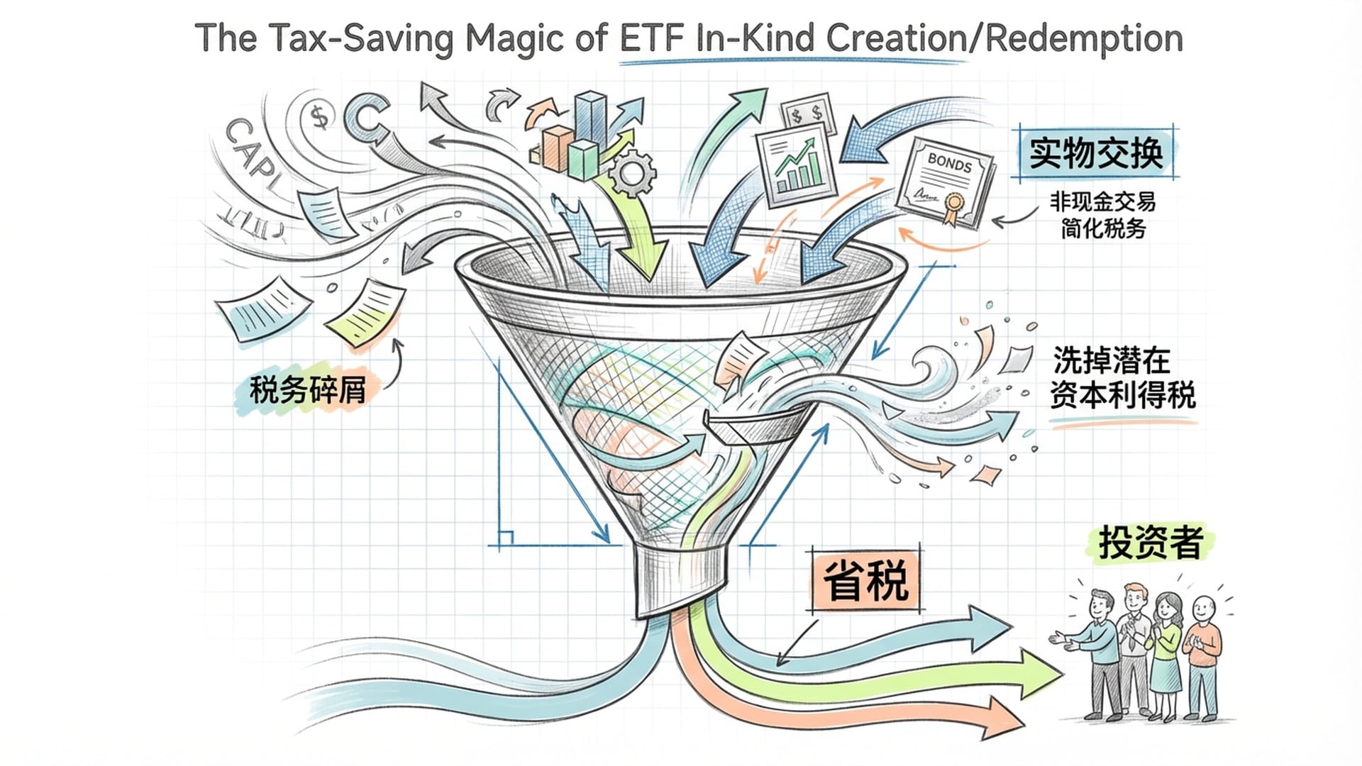 一个漏斗过滤掉税务碎屑，干净的资金流向投资者，展现省税神技。