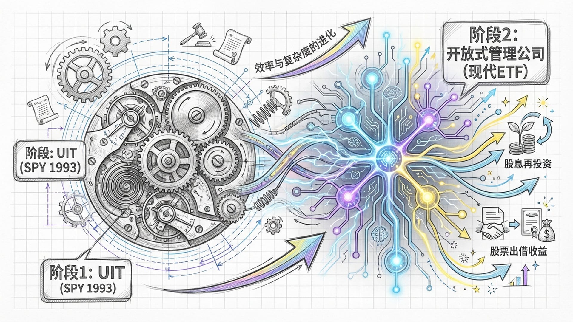 从一个老式的机械钟表结构演变为现代智能脑电路，象征ETF法律结构的升级迭代。