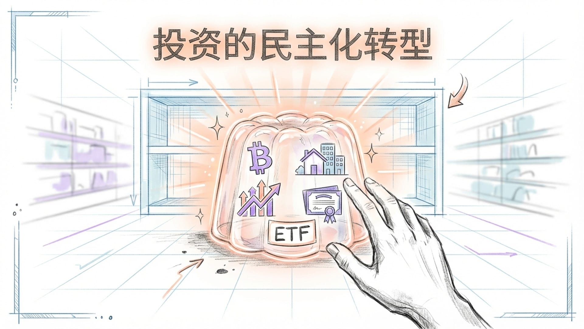 一个发光的“果冻盒”，里面装着比特币、股票、房产和债券。普通人的手正在从货架上取下这个盒子。