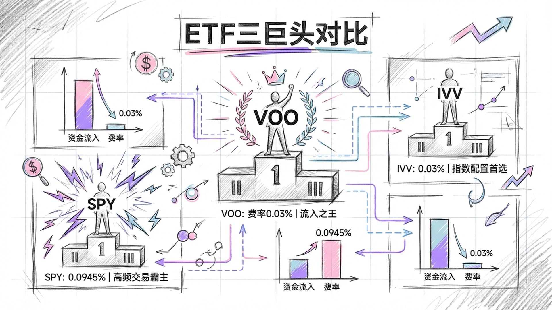 一个领奖台，VOO站在冠军位置，IVV在亚军，SPY在季军但背景有密集的闪电（代表流动性交易）。