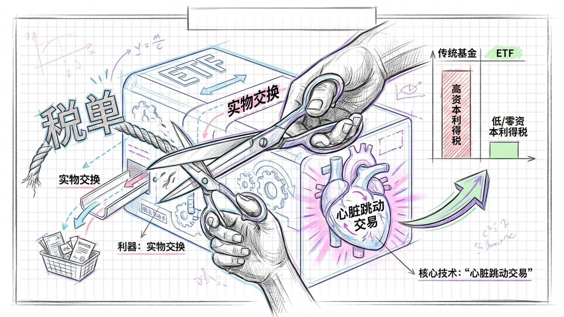 一只手正在用剪刀剪断名为“税单”的绳索。背景是ETF结构的解剖图。
