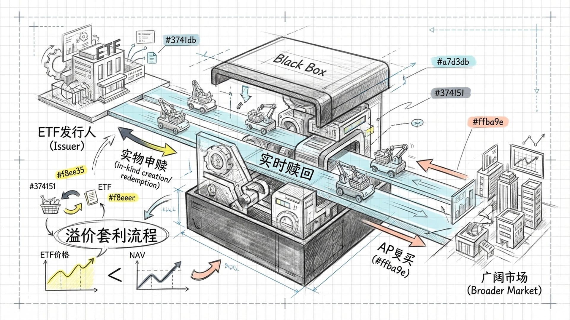 “黑匣子”机械结构剖析图，左侧是ETF发行商，右侧是市场。中间是穿梭的AP（授权参与者）小车。