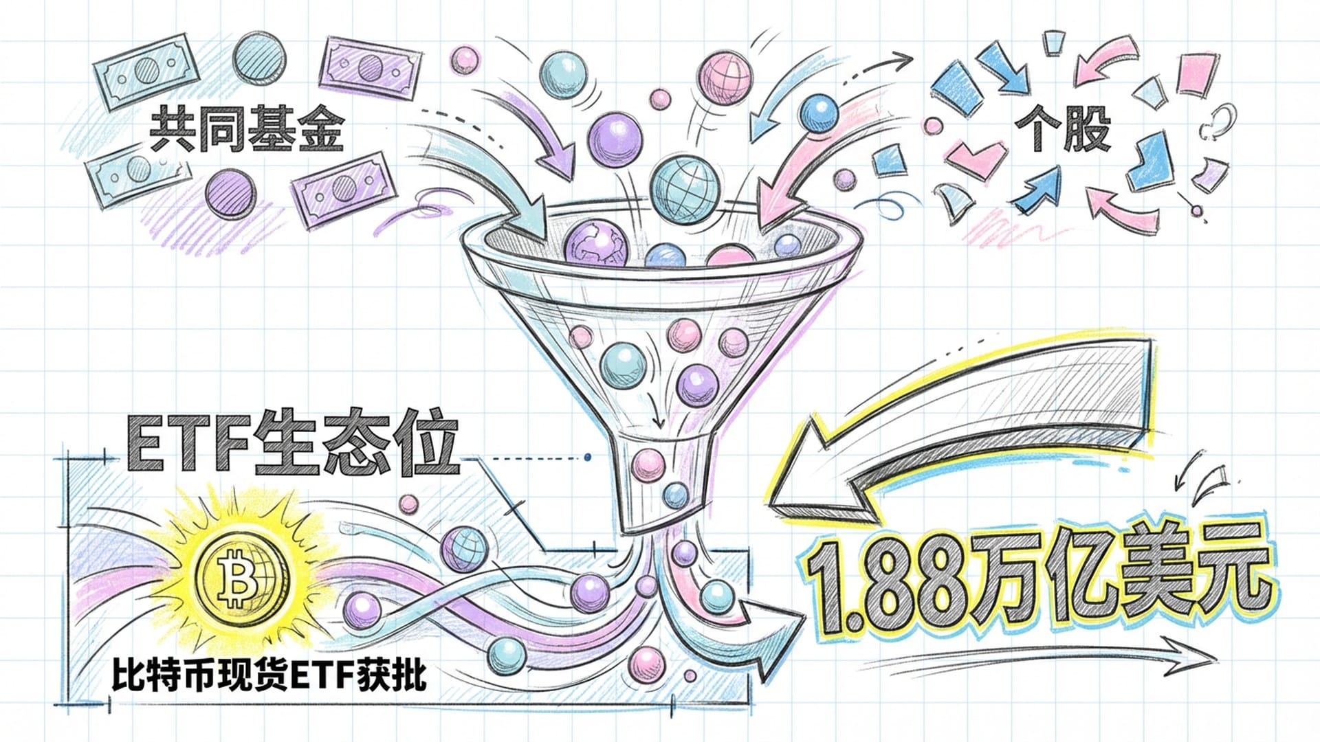 一个漏斗，各种色彩鲜艳的球体（代表主动和被动资金）正通过漏斗涌向ETF区域，显示2024年净流入1.88万亿美元。