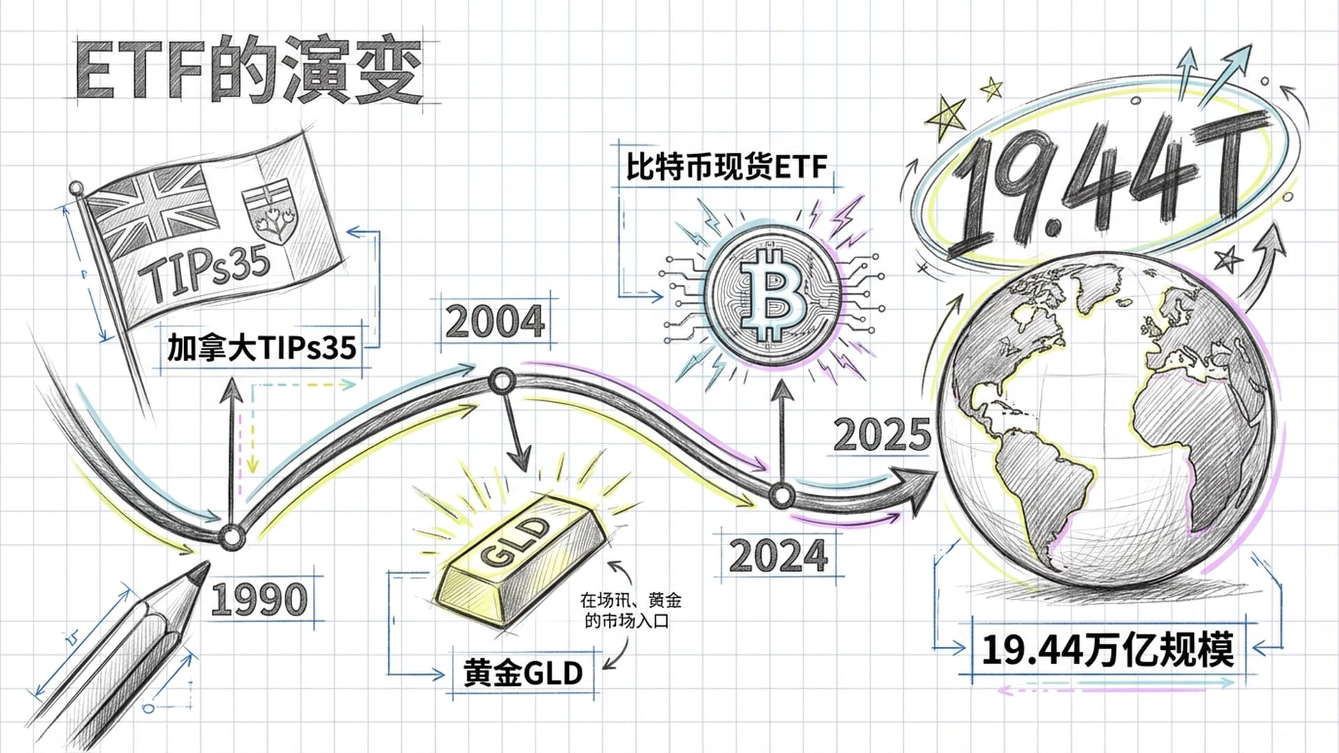 一个巨大的数字“19.44T”悬浮在地球上方，四周环绕着各种资产图标（原油、黄金、美债、比特币）。