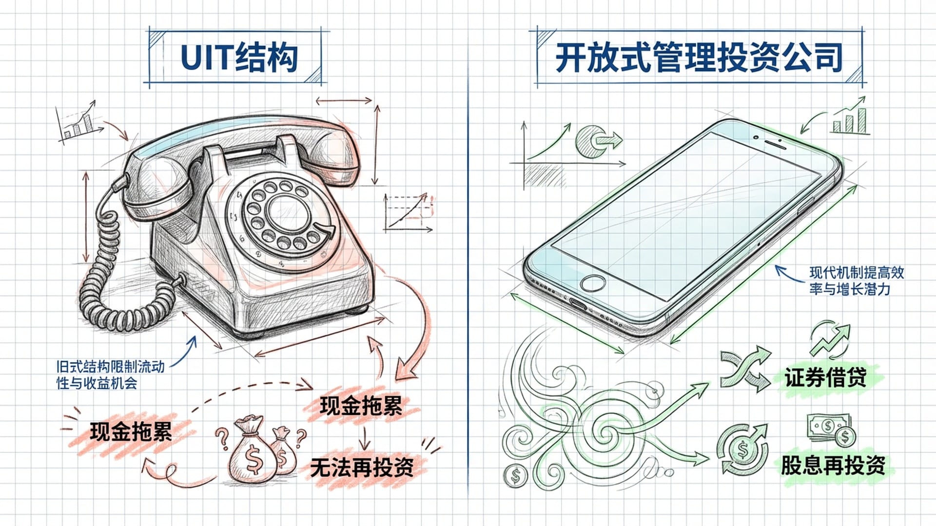 老式电话与现代智能手机并排显示。老式电话旁标有“UIT结构”，智能手机旁标有“开放式管理投资公司”结构。