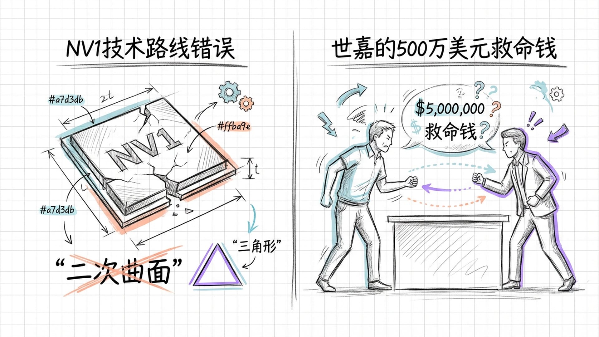 左右对比：一边是失败的NV1芯片残骸，一边是世嘉高管办公室内的谈判场景，充满张力。