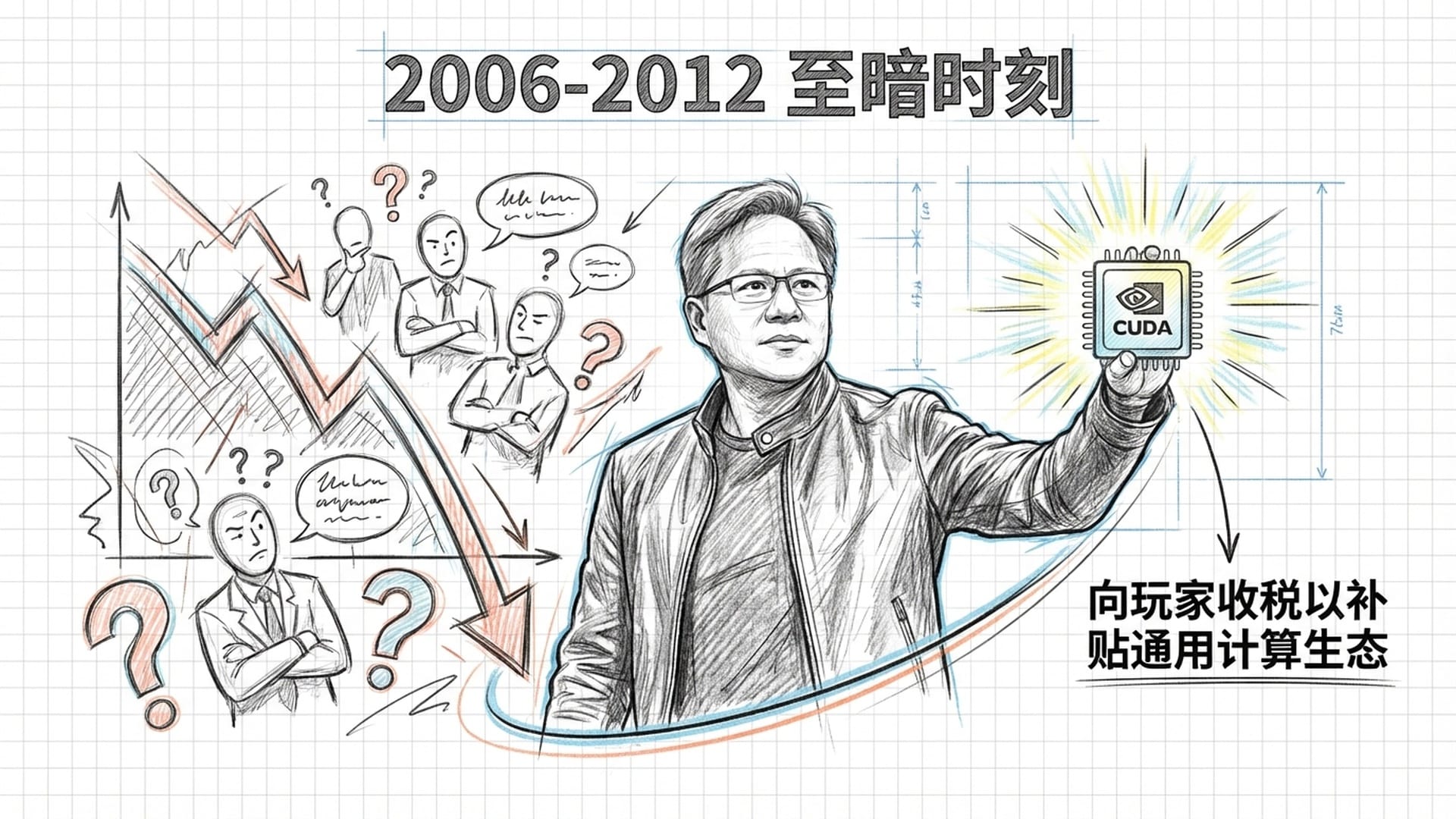 黄仁勋面对怀疑的分析师和暴跌的股价曲线，但他手中举起一颗发光的CUDA芯片，目光坚定。