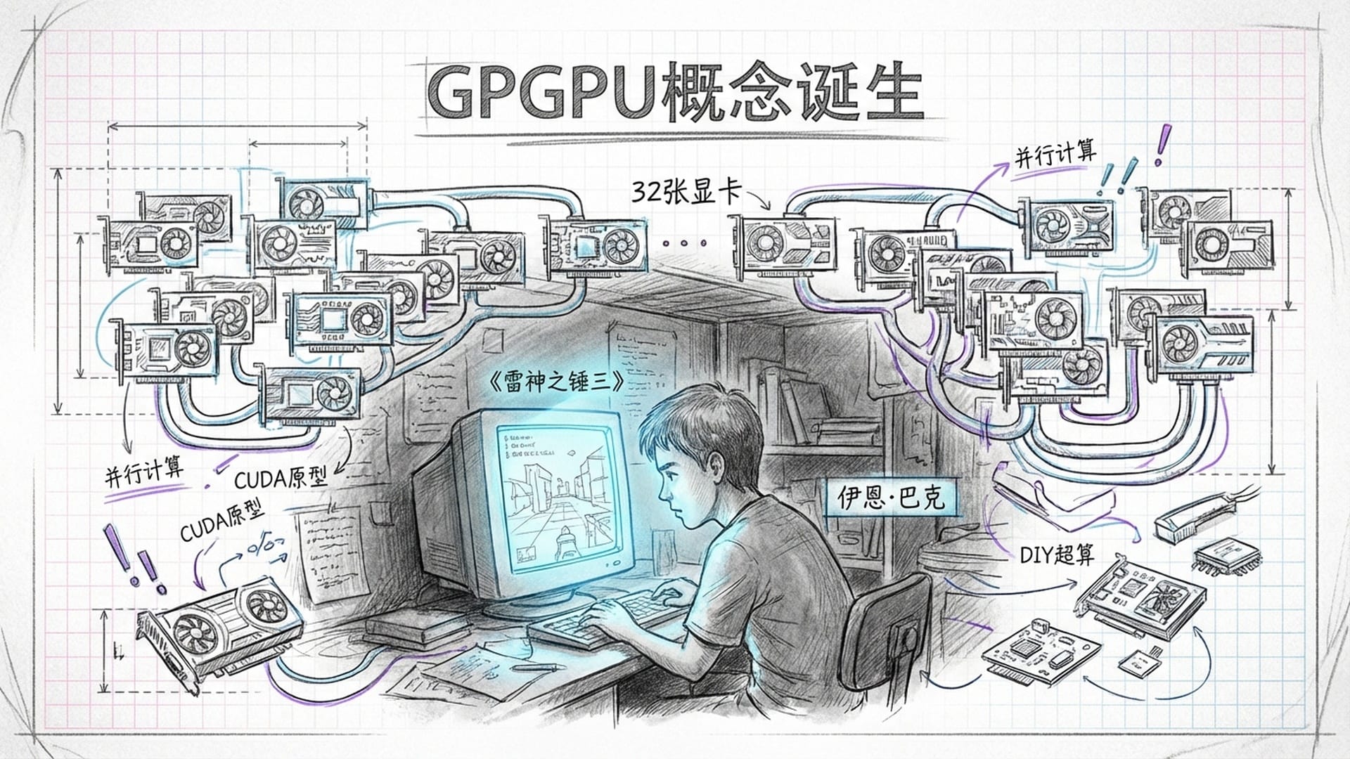 极客风格：斯坦福学生在宿舍用32张显卡DIY超级计算机，黑暗中屏幕蓝光映着脸庞。