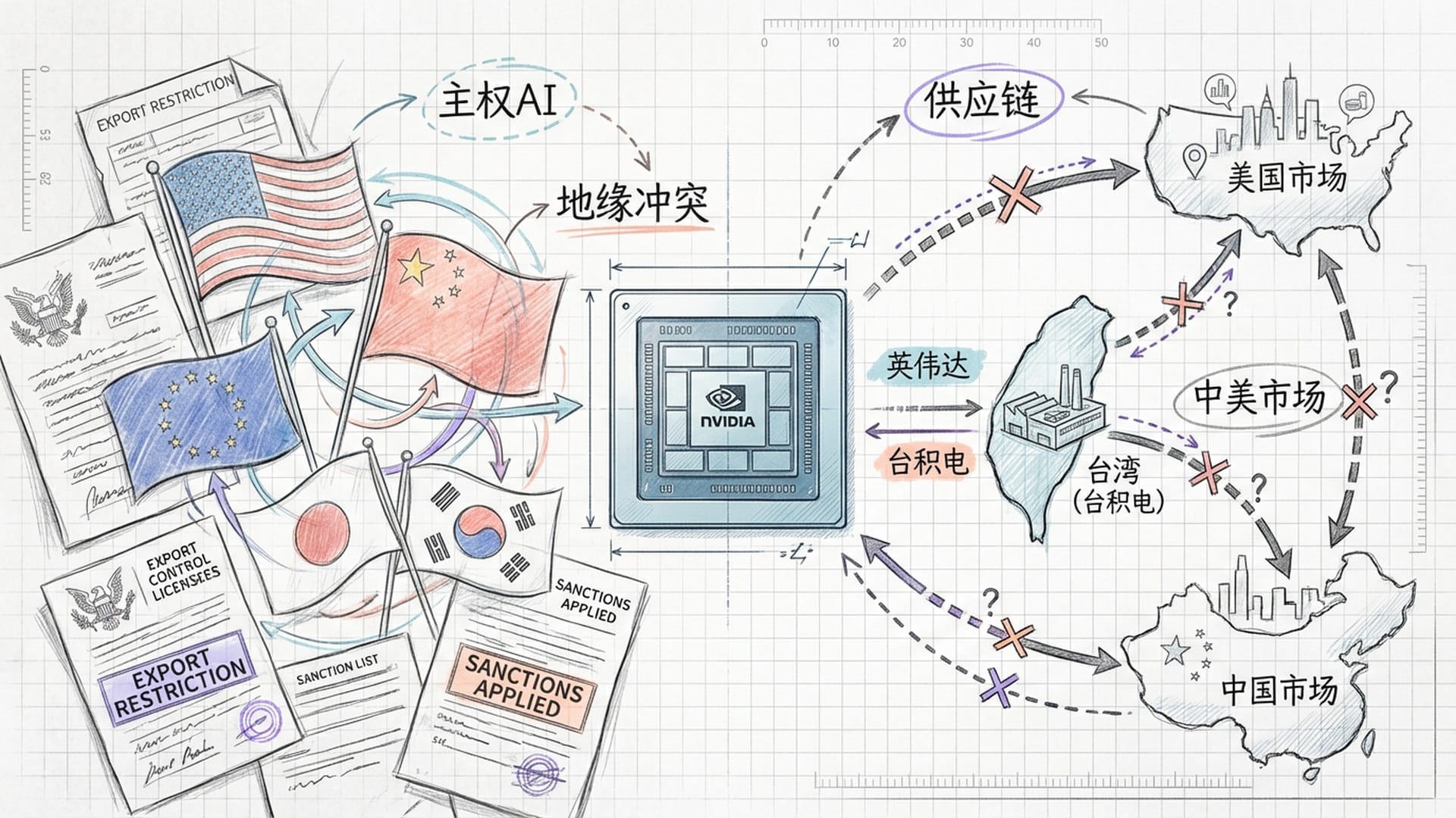 地缘政治棋盘：中间是H100芯片，四周是各国国旗与出口管制文书，气氛凝重。