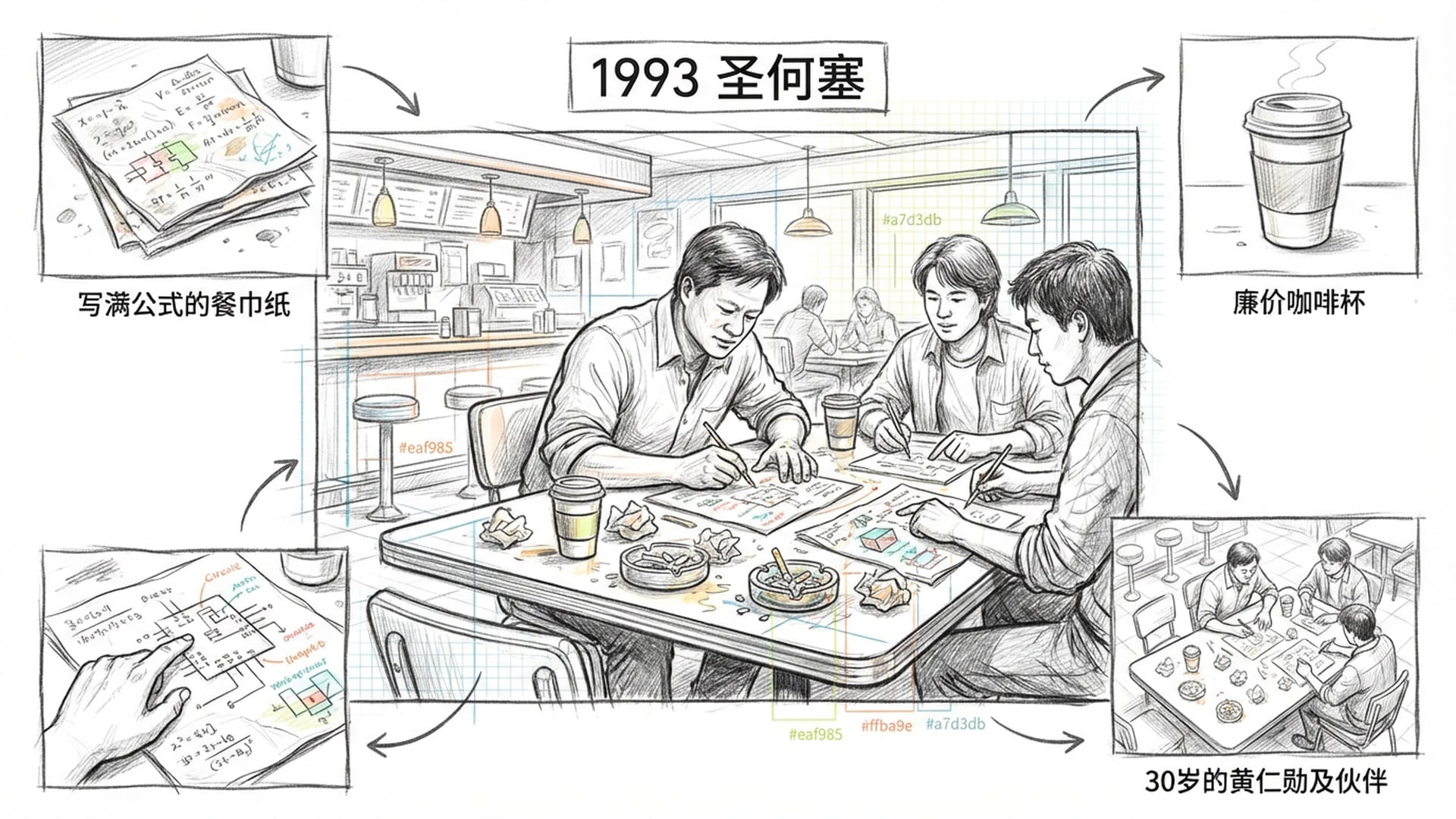 1993年老旧丹尼餐厅内景，三个青年围坐在沾有油渍的餐桌前，在餐巾纸上激烈地绘图。