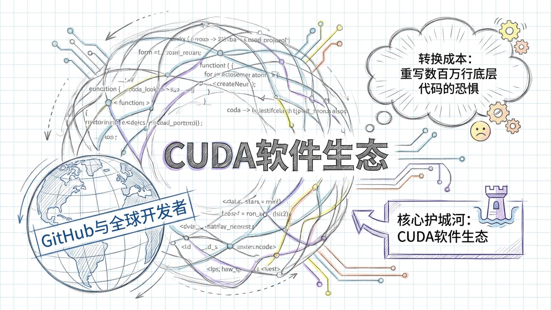 庞大的软件代码库交织成网，包裹住整个地球，外部标注着GitHub与全球开发者。
