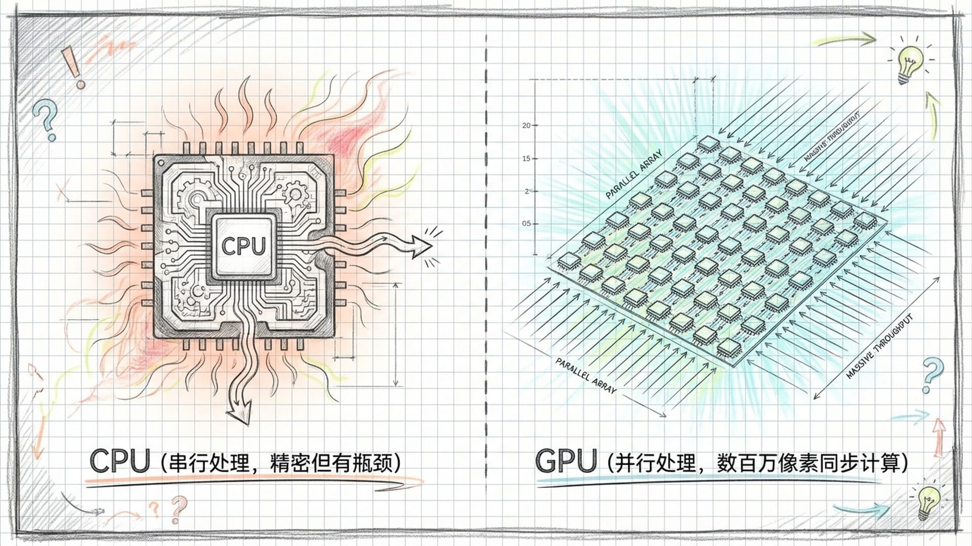 物理实验室场景：发热的CPU与冷酷的并行计算GPU架构对比，像素点密集成阵列。