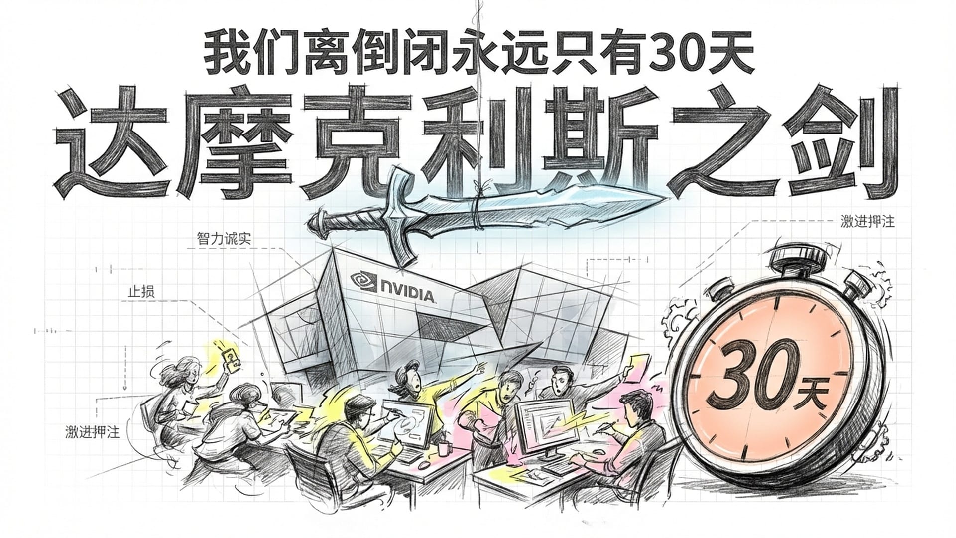 达摩克利斯之剑悬在英伟达大楼上方，时钟倒计时停在30天，员工在高效工作的快动作视觉。