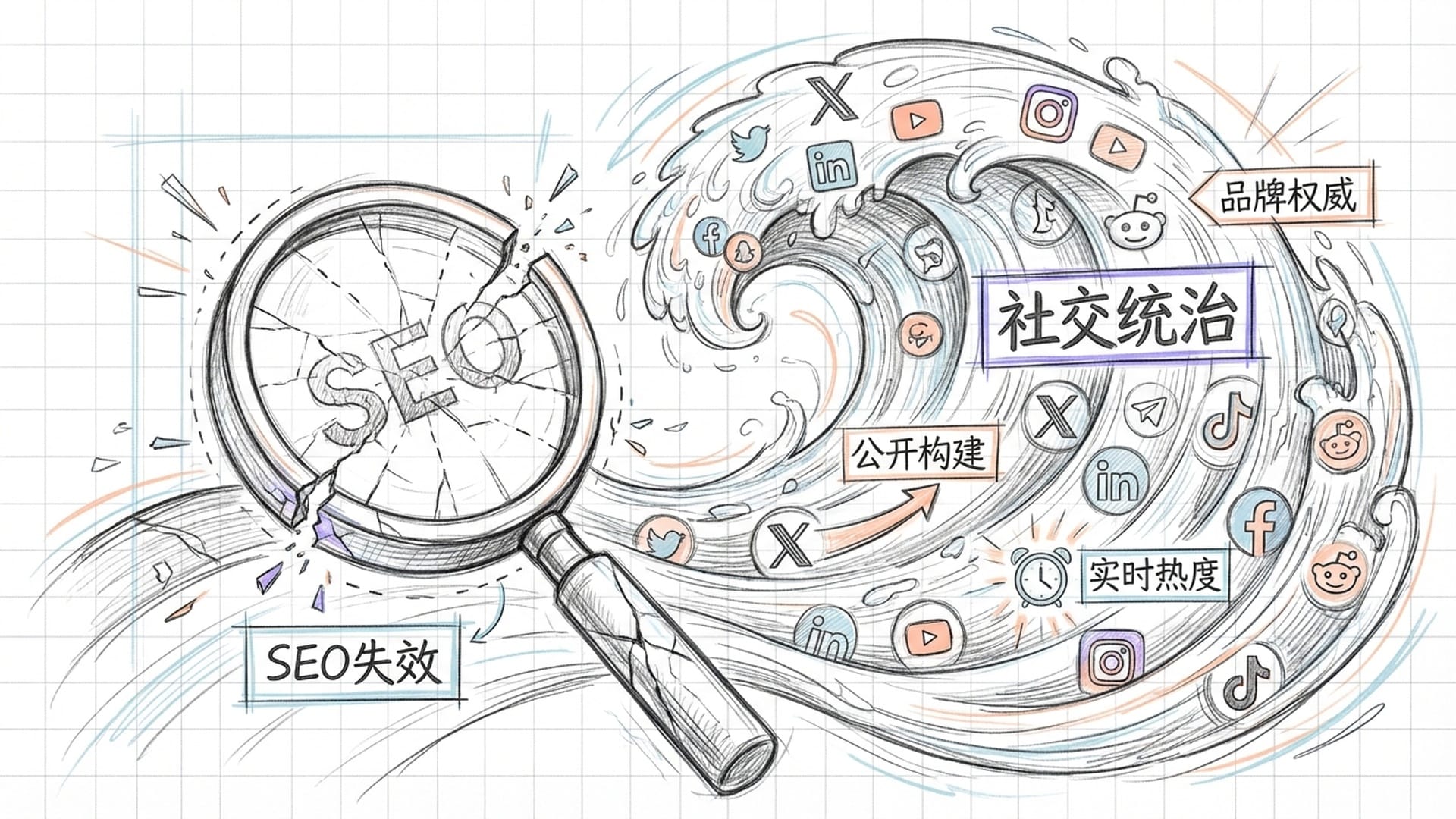SEO的巨大放大镜出现裂纹，社交媒体图标组成汹涌波浪