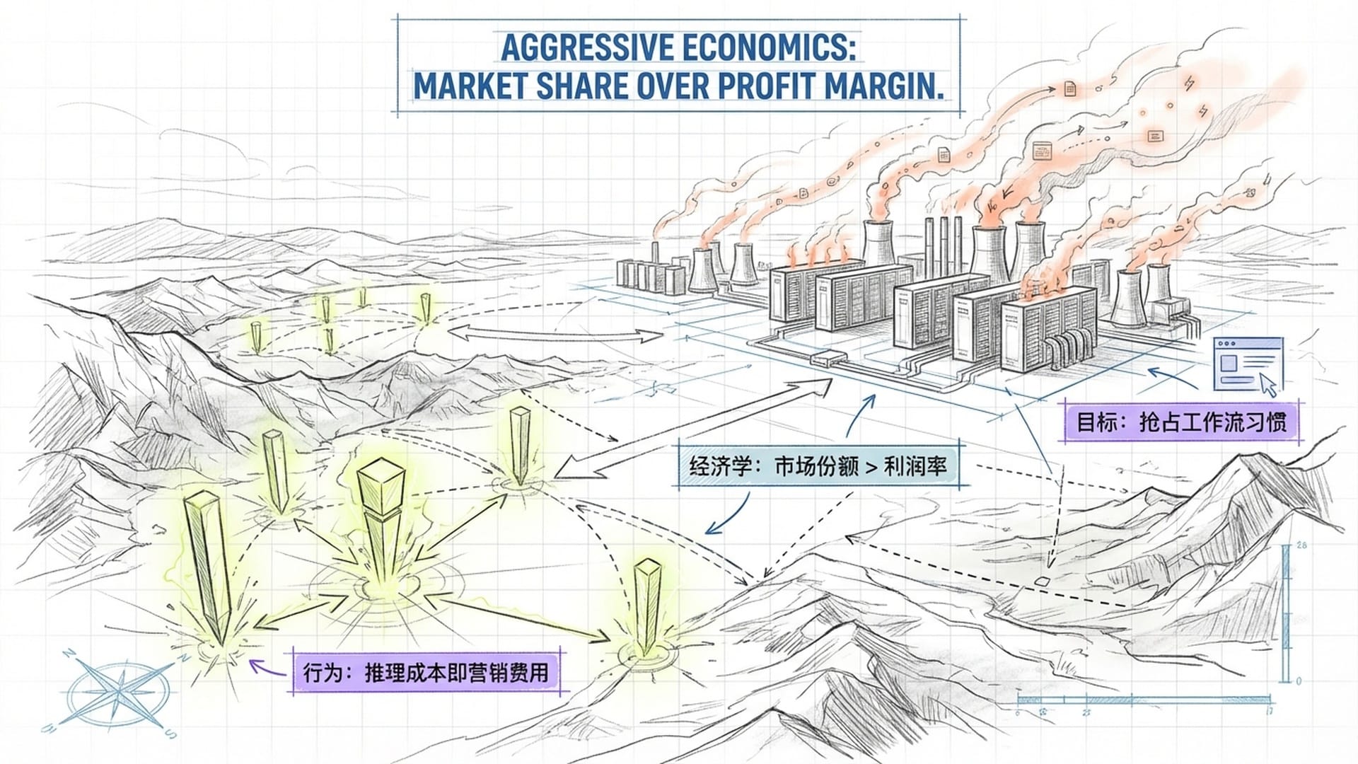 西部荒野中，人们用发光的桩子圈地，背景是GPU算力机房