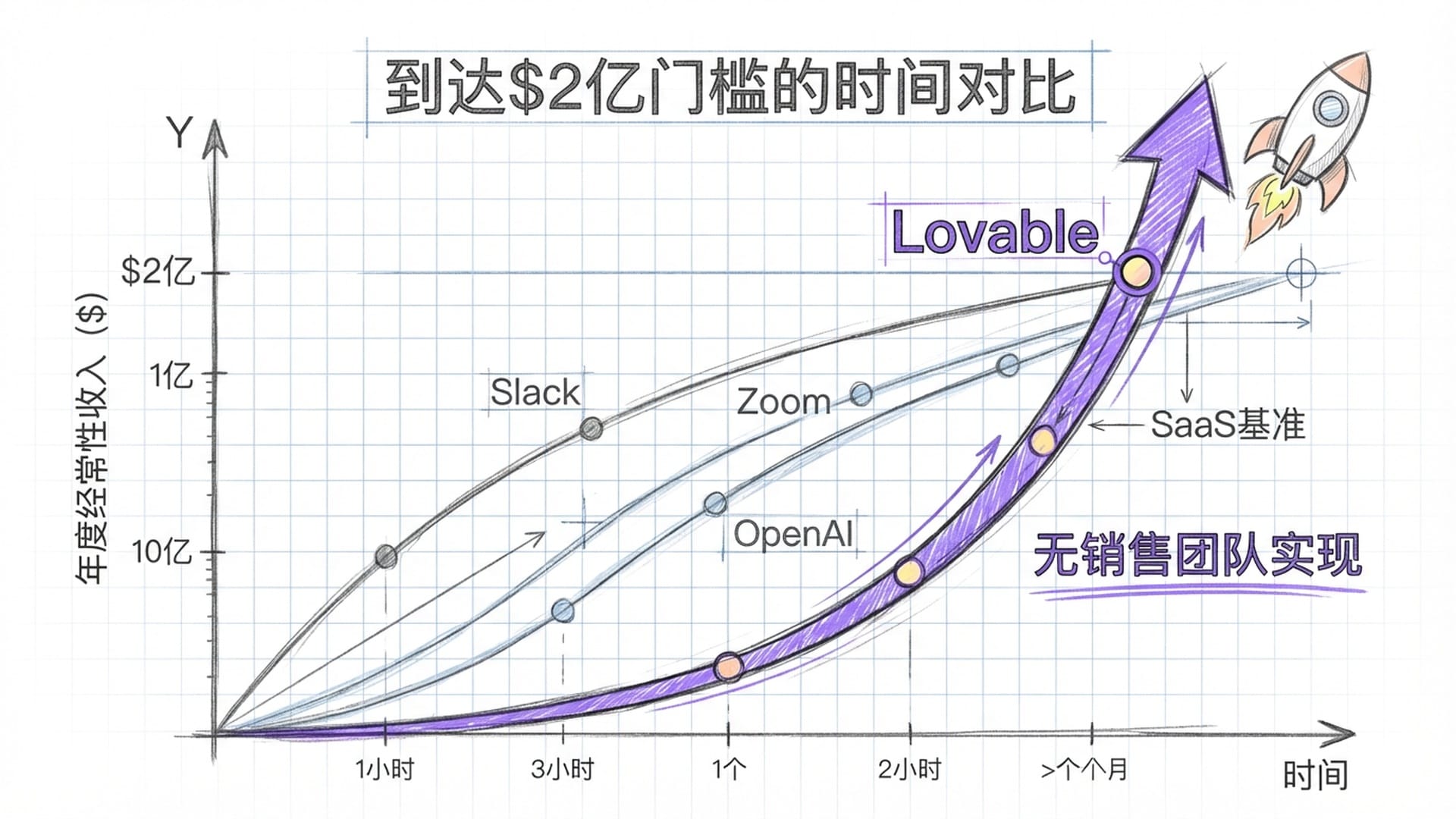 对比Lovable与传统SaaS三巨头的增长曲线
