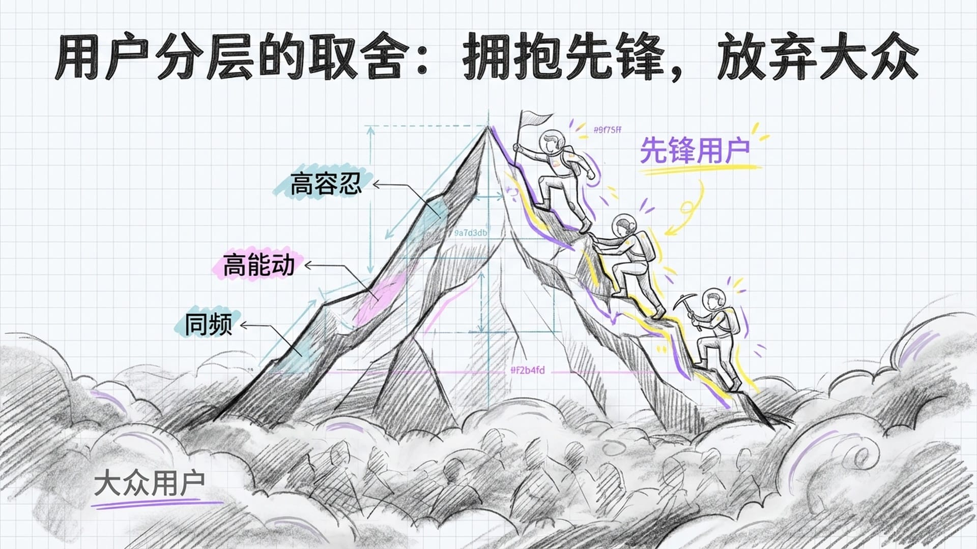 山峰上少数身穿宇航服的‘先锋用户’，山脚下迷雾中的‘大众用户’