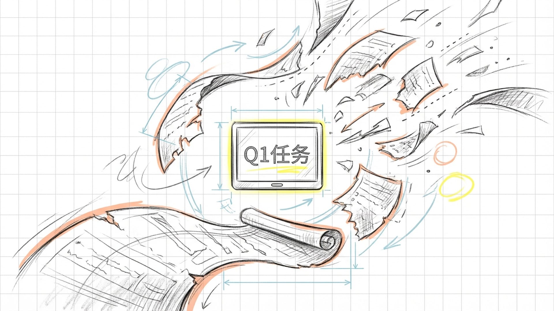 一张撕碎的长期路线图，中间是一个显示‘Q1任务’的数字屏幕