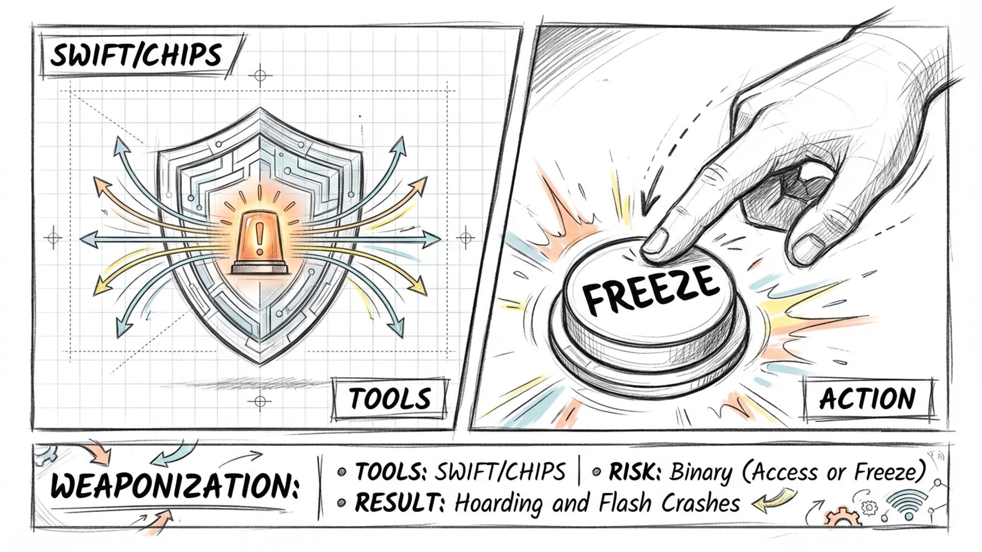 Digital shield of SWIFT and CHIPS systems glowing with an amber warning light. A hand clicking a 'freeze' button.