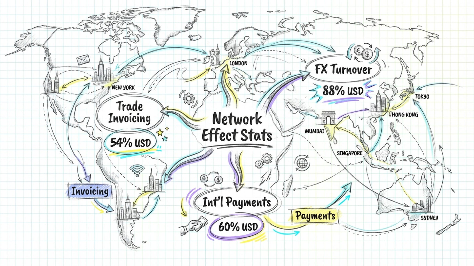 A complex network map showing global cities connected by glowing lines. The lines are labeled with 'Invoicing' and 'Payments'.