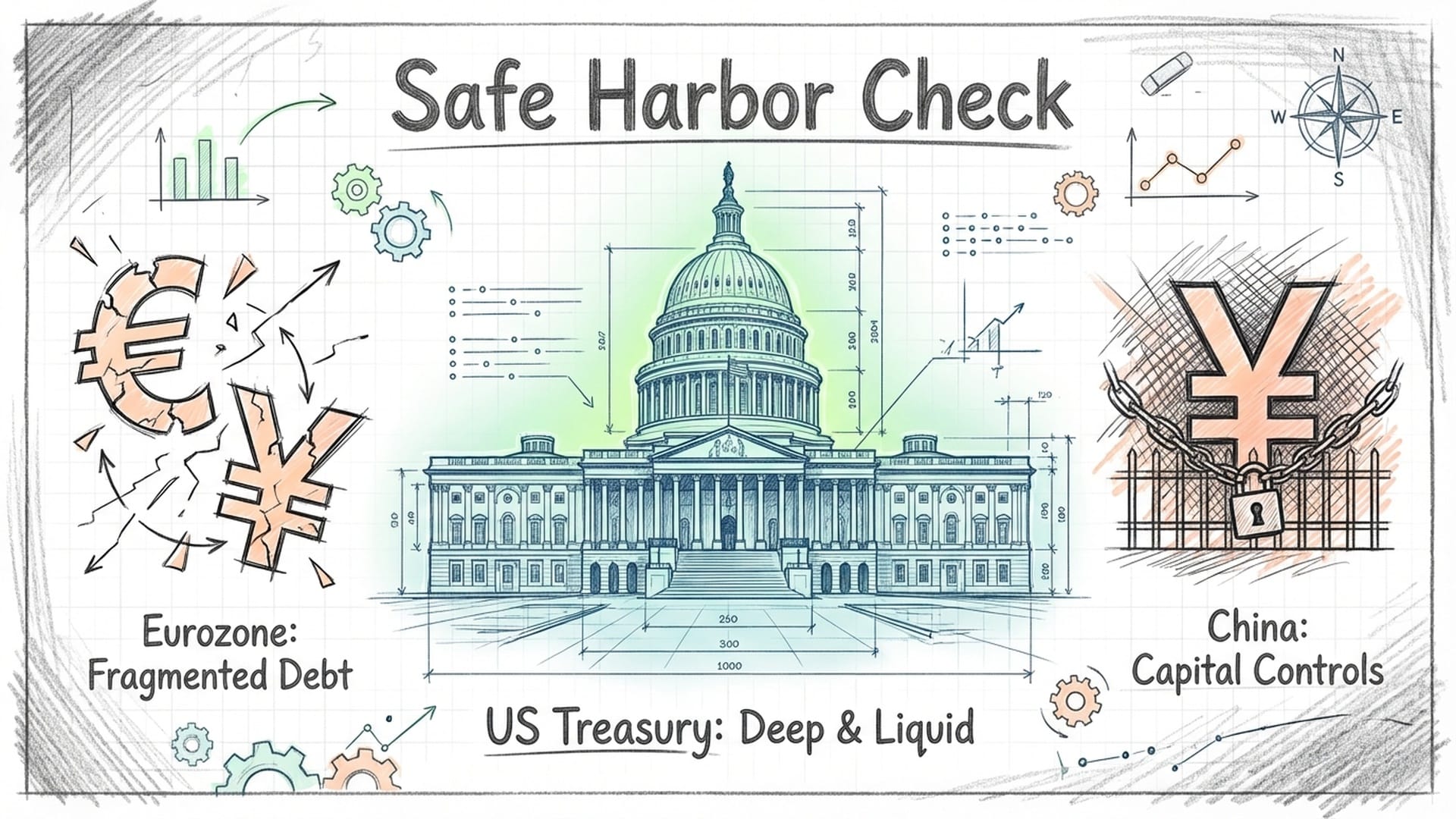 Conceptual 3D icons representing the Euro, Yen, and Renminbi appearing small and fragmented compared to a giant, solid US Treasury building.