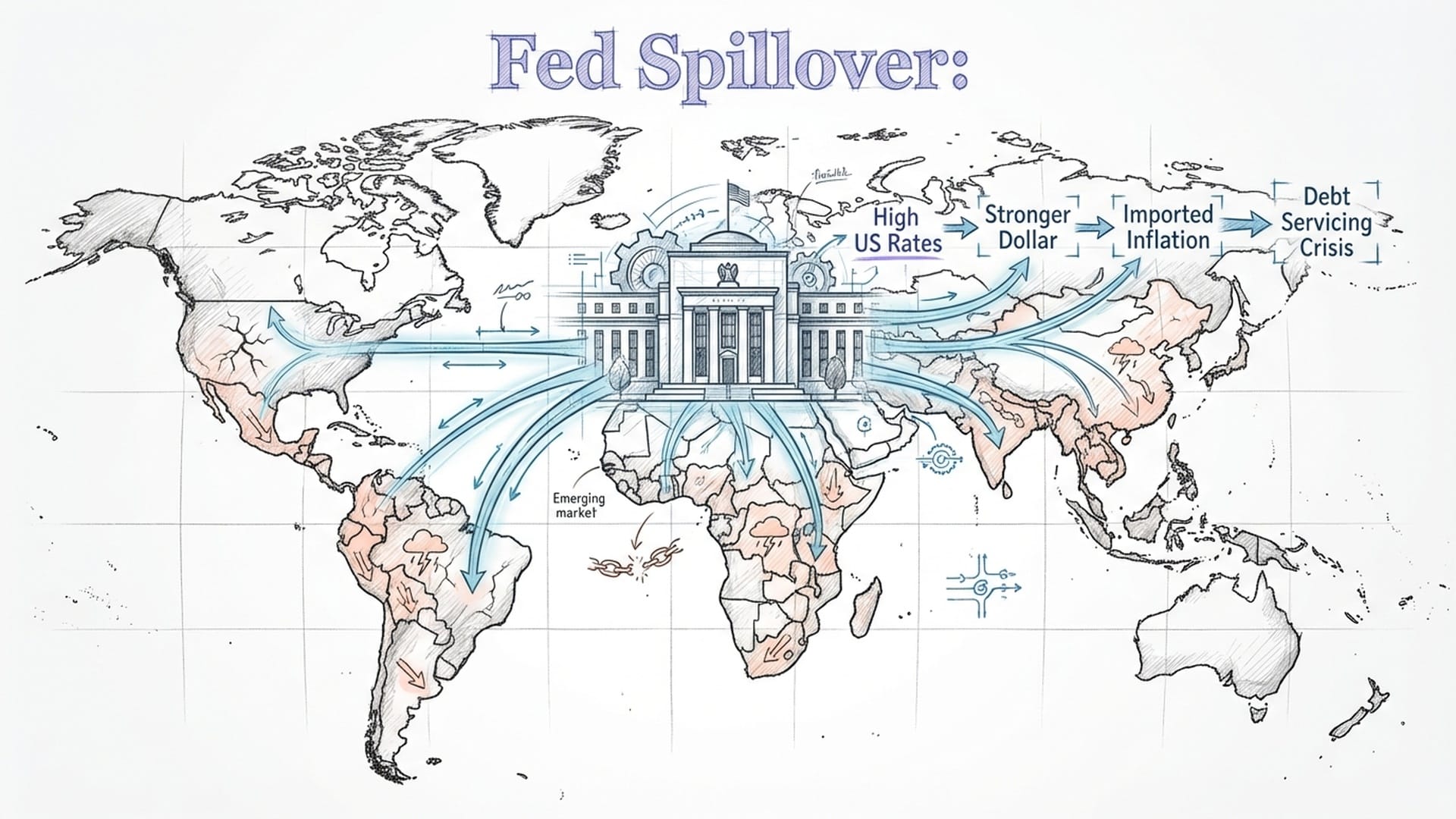 A stylized Federal Reserve building with pulse lines radiating out across a world map, causing distress icons in emerging markets.