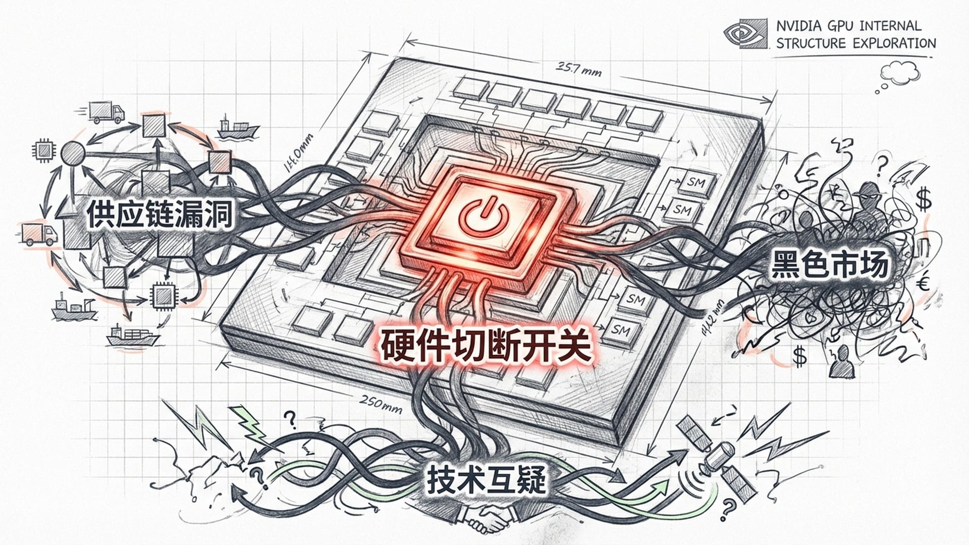 英伟达GPU芯片内部结构图，中间嵌入一个发光的红色硬件切断开关，周围是反对的声音和走私贸易的暗影线条。