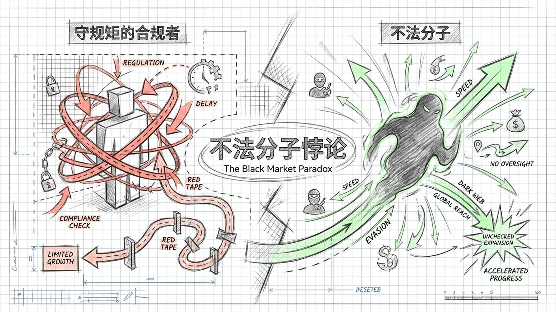战略推演沙盘，一方是守规矩的合规者（被红线缠绕），另一方是不法分子（在阴影中快速扩张），展现非对称优势。