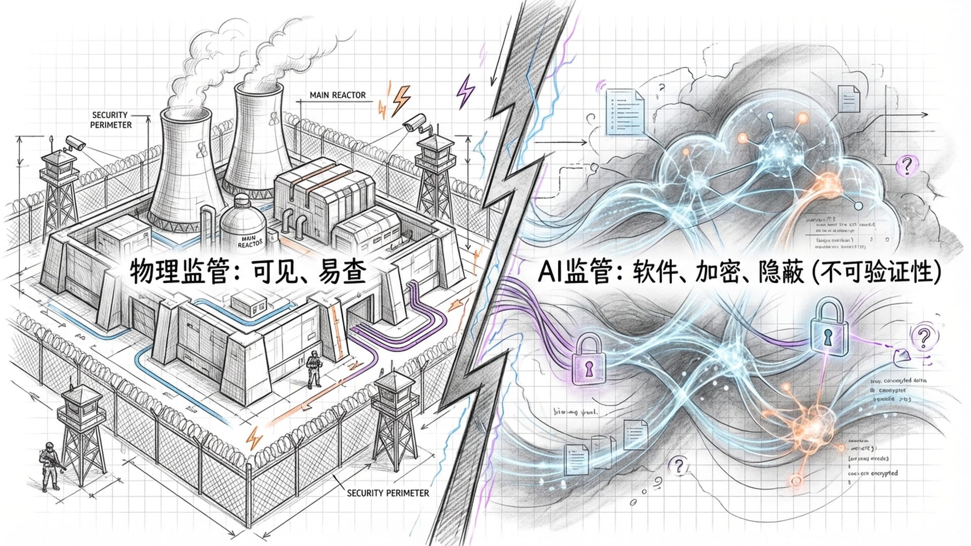 对比图：左边是受限制的核工厂物理建筑，右边是难以察觉的加密云端数据中心，展示AI监管的特殊困境。