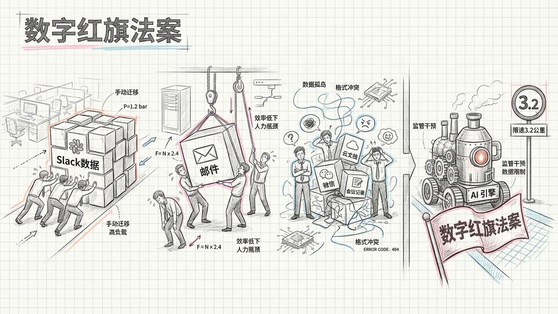 Red tape and manual data handling illustrate inefficiencies.