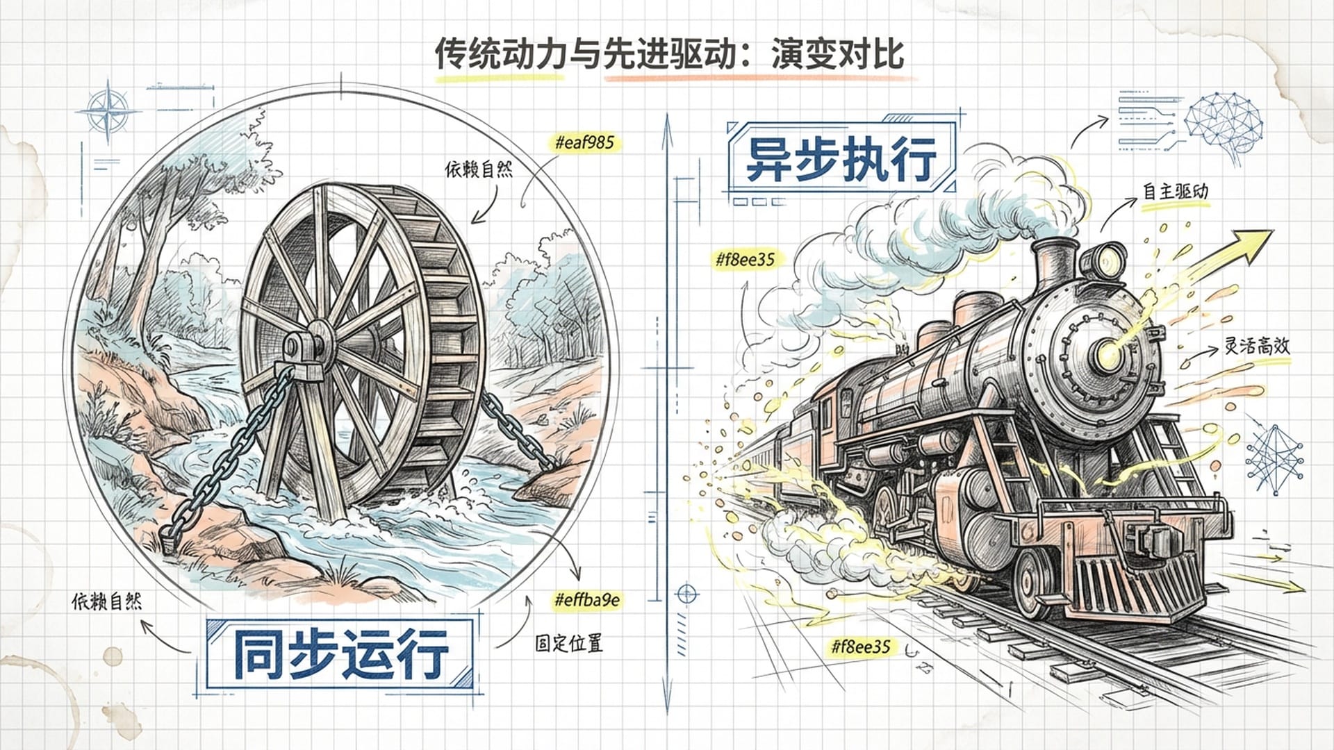 Illustration comparing a watermill to a running steam engine.