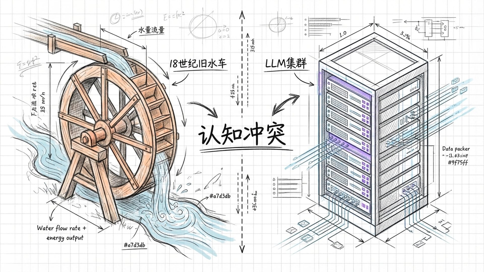 Ancient watermills and modern LLM clusters juxtaposed.